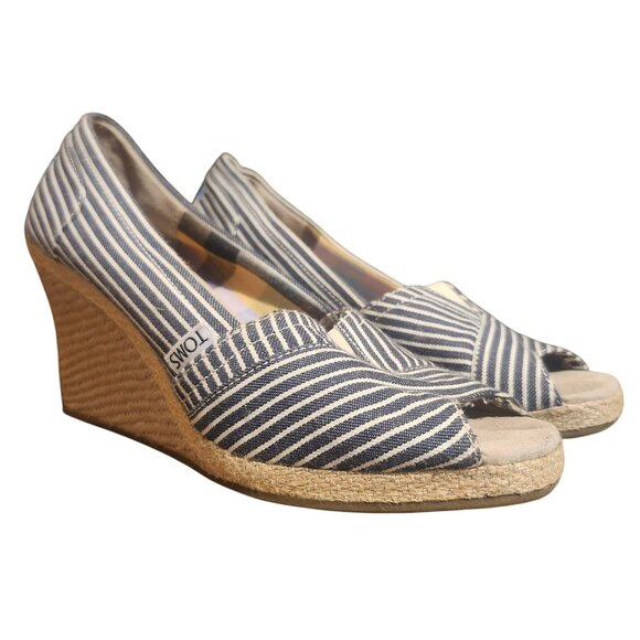 Toms Womens 7.5 Blue & White Striped Canvas Espadrille Peep Toe Wedge Heels - Picture 1 of 7